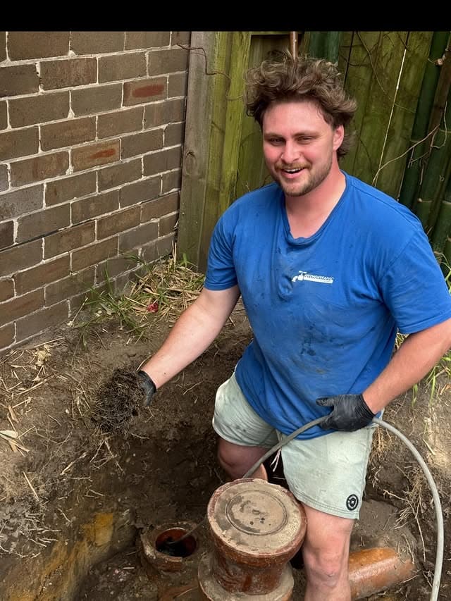 AFP plumber clearing tree-root blockage from sewer drain AFP plumber clearing tree-root blockage from sewer drain